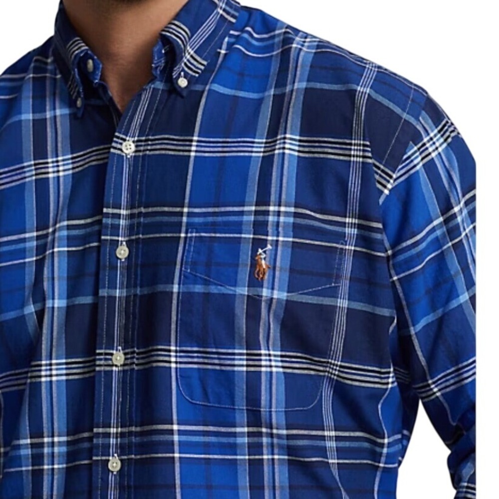 Polo Ralph Lauren Mens 2XLT Blue Plaid Oxford Button Down Shirt Polo Pony
